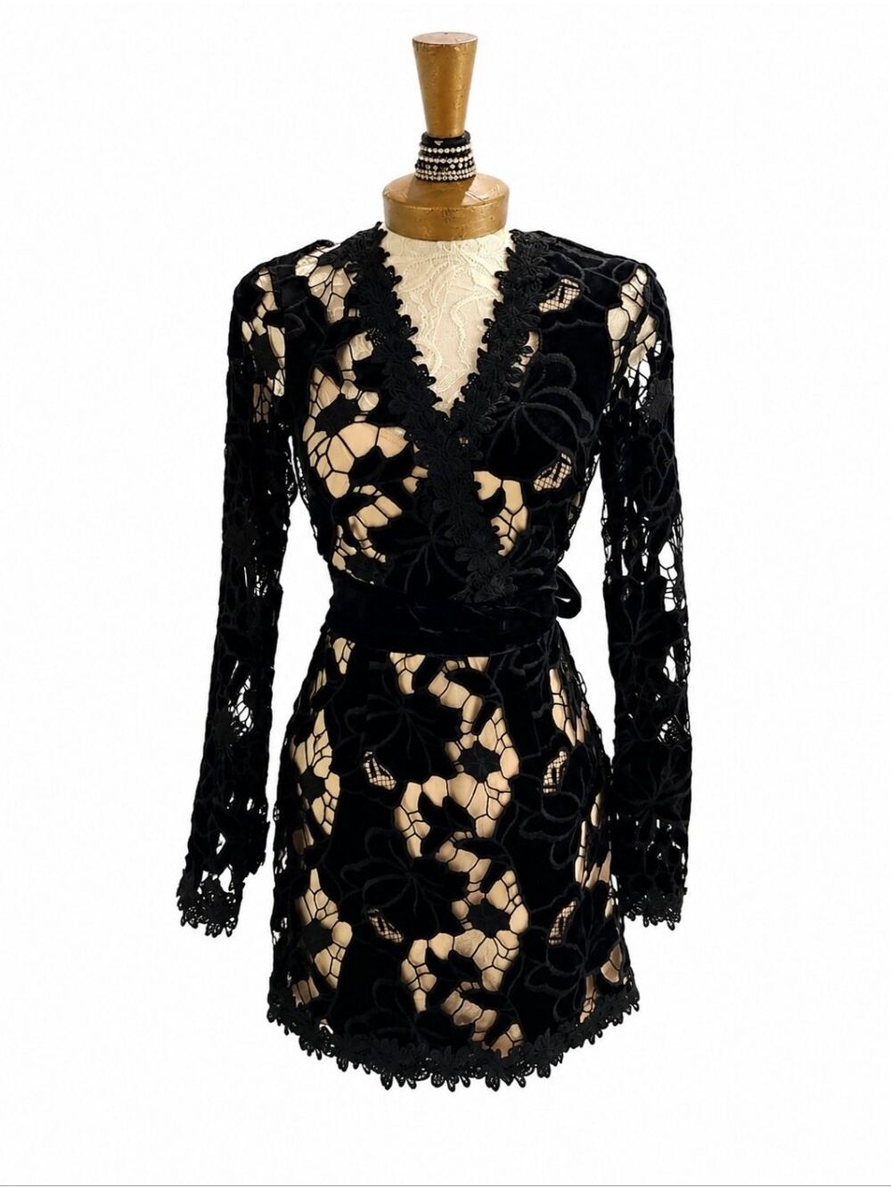 Venus Illusion Velvet Lace Mini Dress Long Bell Sleeves Boho Chic Black M